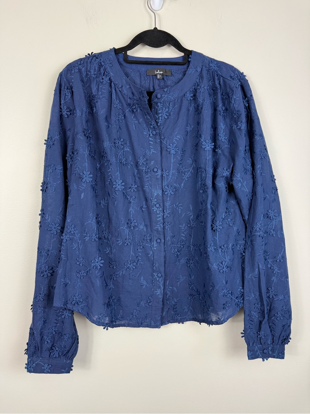 Lulus Top Womens Large Button Up Embroidered Floral Blue Long Sleeve Flowy Shirt